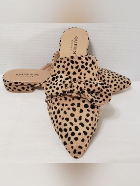QUEEN George Leopard Suede Slip On Mules/Flats Size 8 Bow Accent NWOT